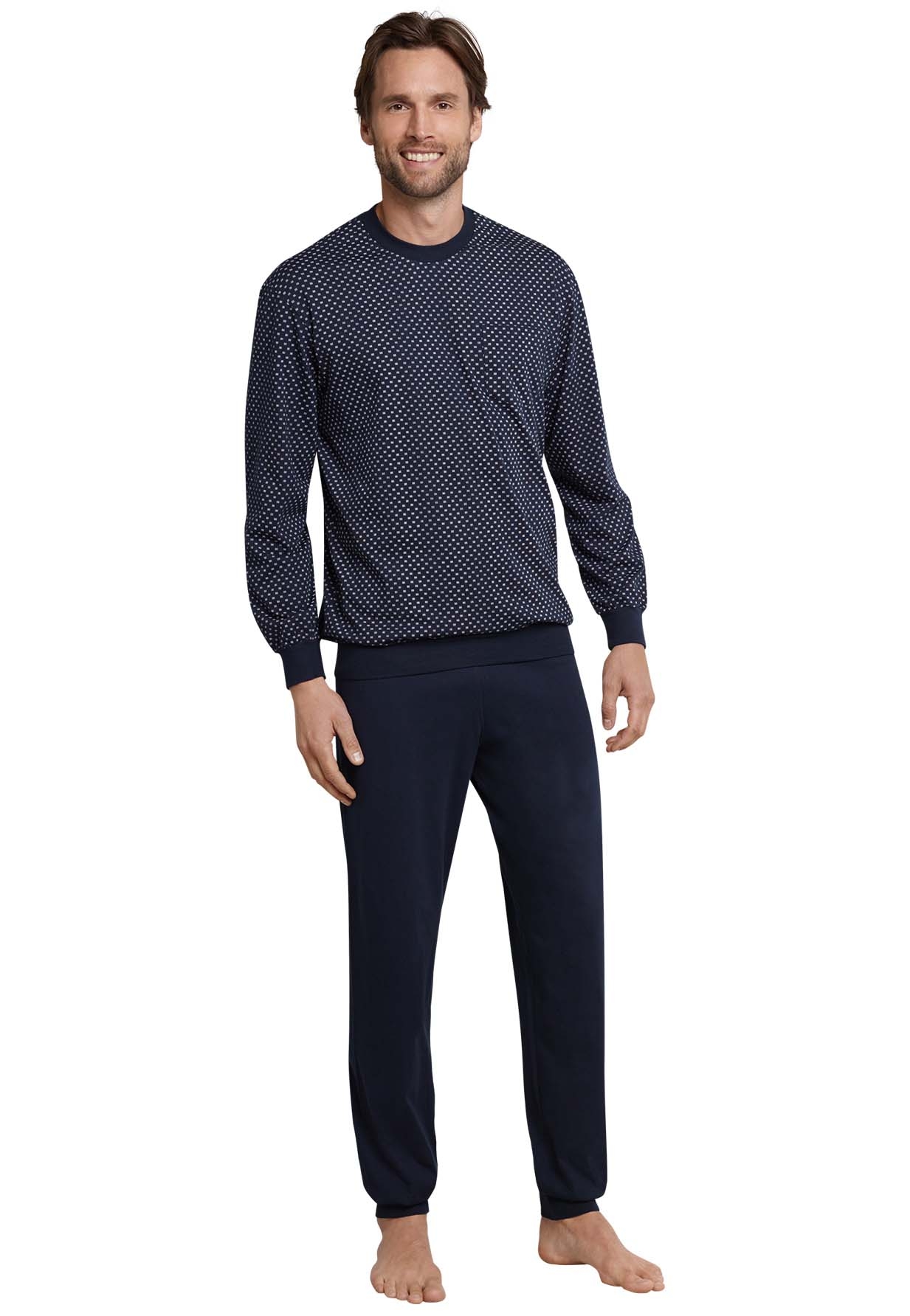 Schiesser heren pyjama, donkerblauw met klein wit blokje