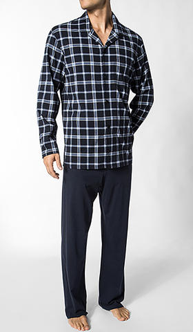 Schiesser knoop pyjama, blauw witte ruit